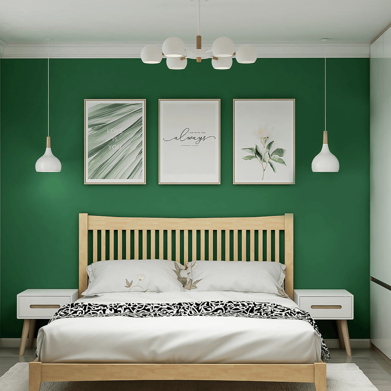 主卧为夫妻二人居住，背景墙用了翡翠绿，搭配北欧自然风的挂画，烘托了居室的清新。这种绿色让人眼前一亮，有了大自然的诗意感，心情舒畅。