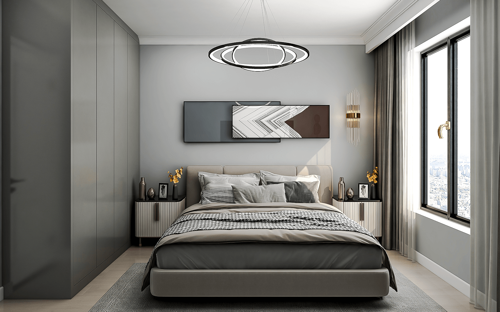 主卧的吊灯依然选了圆环款式，与客厅保持一致更和谐。床头背景墙为银灰色，满满的高级感，而定制通顶衣柜则选择了石墨灰色，通过不同浓度的灰色，让空间更有层次感。