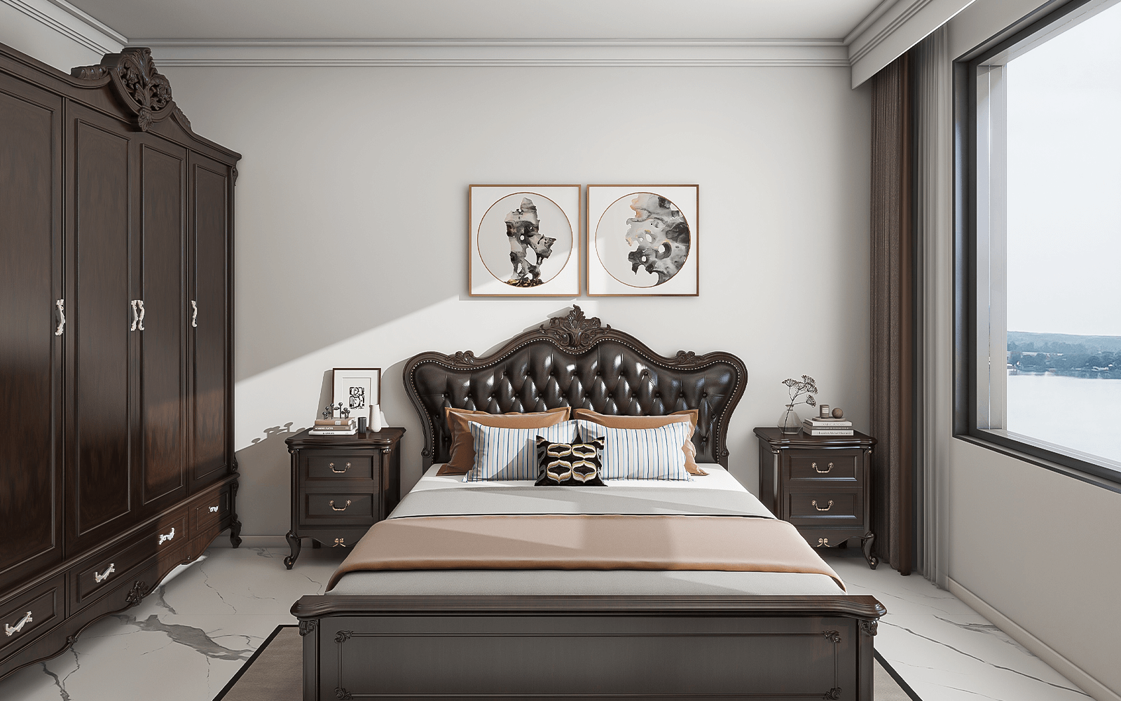 主卧的床和衣柜都也是黑橡木色，与客餐厅的家居统一颜色，更加符合装修整体风格的氛围。床的两侧都有三层抽屉的床头柜，对称摆放，和谐自然。床头挂画则用了奇石特写，依然遵循了中式的对称原则。