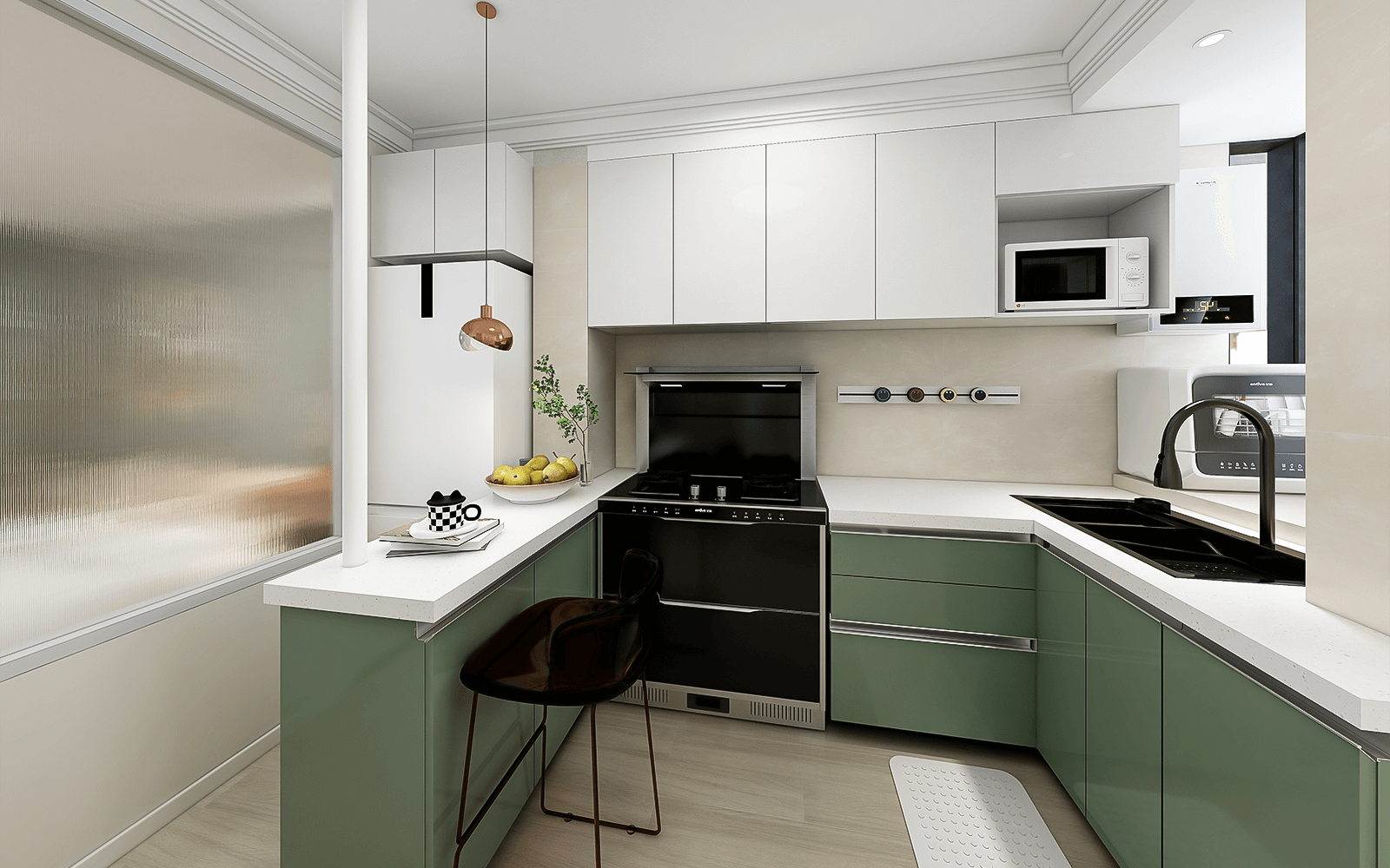 厨房做了长虹玻璃墙，算是实现了“U”型厨房的强大收纳能力。吊柜和地柜选择了白色和绿色，与整体装修风格很搭。采用了集成灶台，使用更便利，还更省空间。
