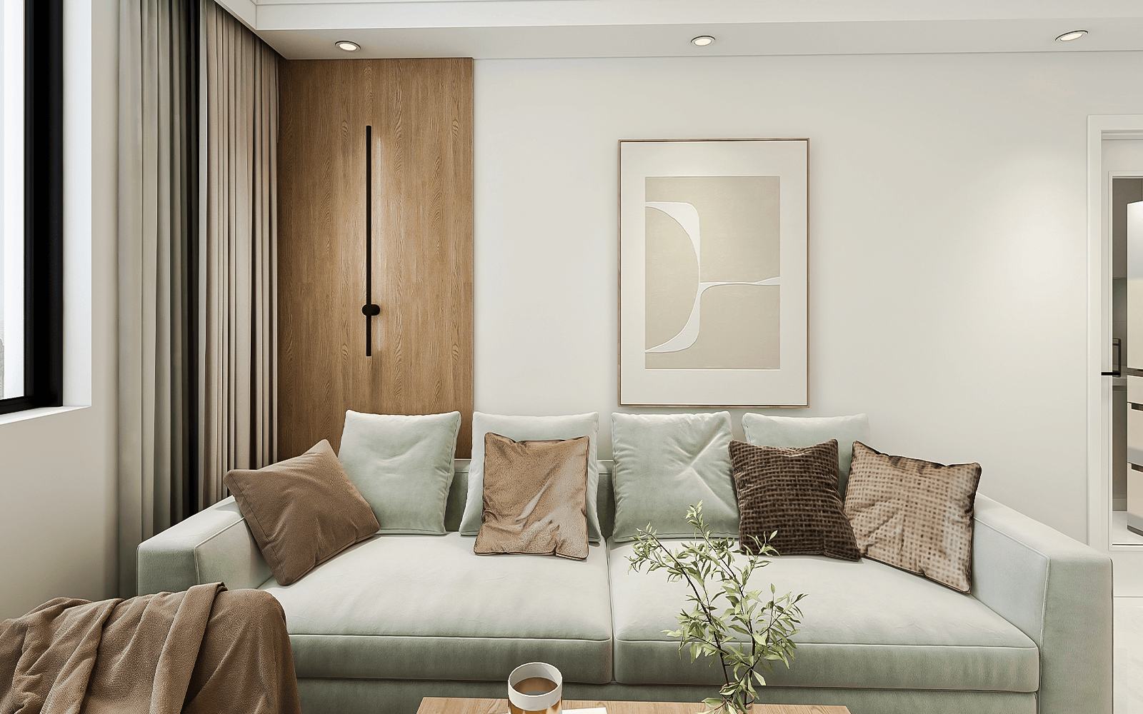 现代简约的装修风没有复杂的装饰，沙发选择了布艺材质，朴素简约。浅豆绿色的沙发与木色茶几，白色背景墙搭配自然和谐。