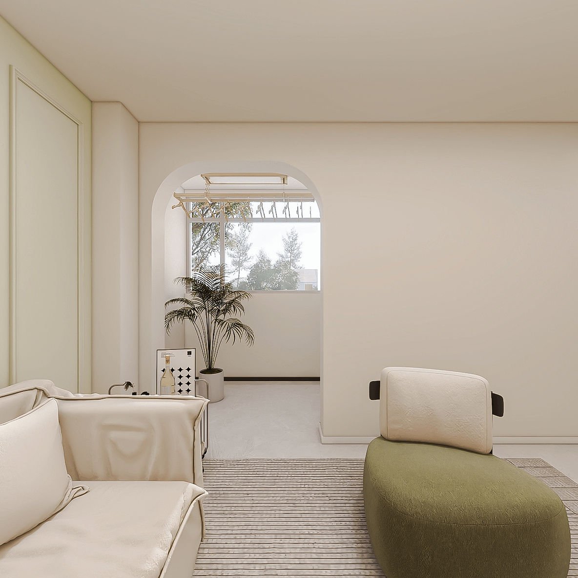 客厅连接阳台的门做了拱门，但是足够宽，方便来回穿梭。客厅沙发为米白落地款，外加绿色休闲沙发，会让客厅整体更简洁，但不单调，甚至绿色的加入会更有朝气。