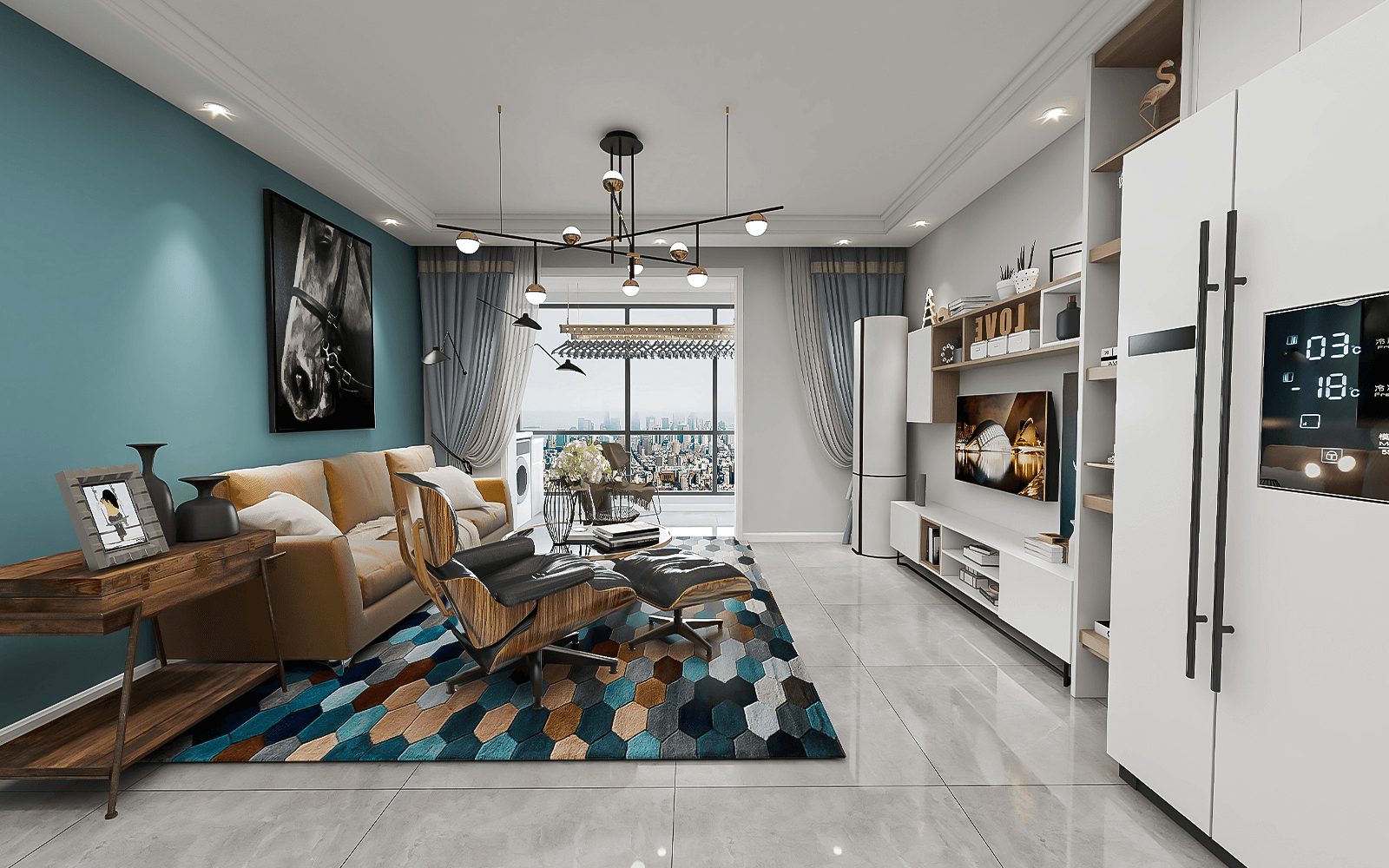 客厅区域颜色搭配很稳重，靛蓝色沙发背景墙显得庄重，搭配黄棕色沙发很高级。就连地垫也用了同色元素的六边形图案装饰，看上去视觉有延伸感。