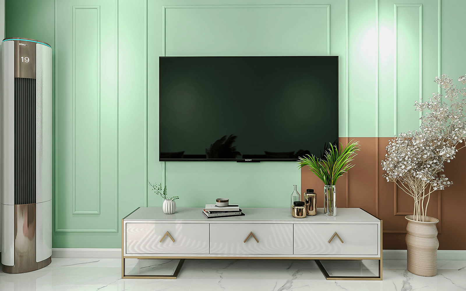 客厅电视背景墙用了清新绿色，淡雅有朝气，石膏线勾勒出了精致感。为了不影响整体墙面的完整性，电视柜用了落地金属支架的抽屉款式，收纳量足够，也好打扫卫生，颜色与地砖搭配起来也很和谐。