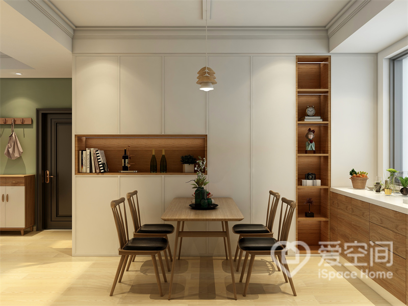 餐边柜的设计增加了餐厅的储物空间，精致的赞桌椅拥有干净利索的线条，质感舒适，简雅大气。