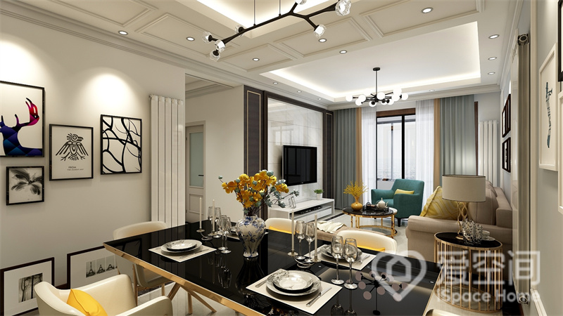 客厅与餐厅一体化设计，整体以白色为主，通过木质家具的融入营造出一个休闲个性的生活空间。
