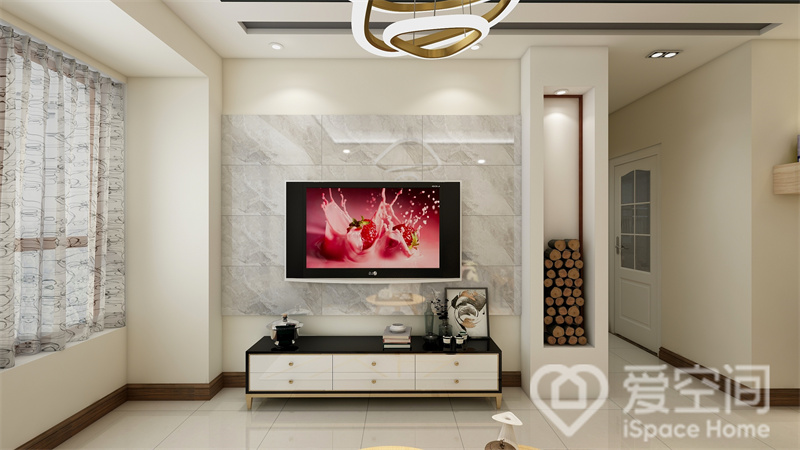 电视墙以米白色墙漆为底色，中部增加大理石砖面构造层次，地柜设计简约，不失时尚质感。