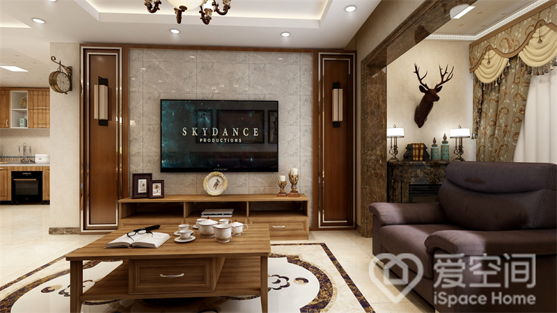 电视墙简洁自然，对称设计充满高级感，木材与石材的碰撞，提升了客厅的层次，温柔而有力量。