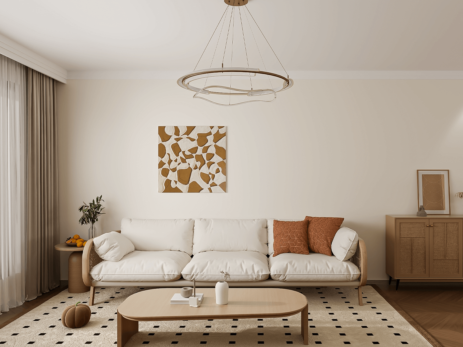 原木色和浅棕色是这户业主家的主色调。家具是木质+藤编。白色沙发和木色茶几在米色地垫的映衬下更加淡雅。挂画无论挂墙还是竖放都选择了浅棕色，和木色的地板搭配很和谐。