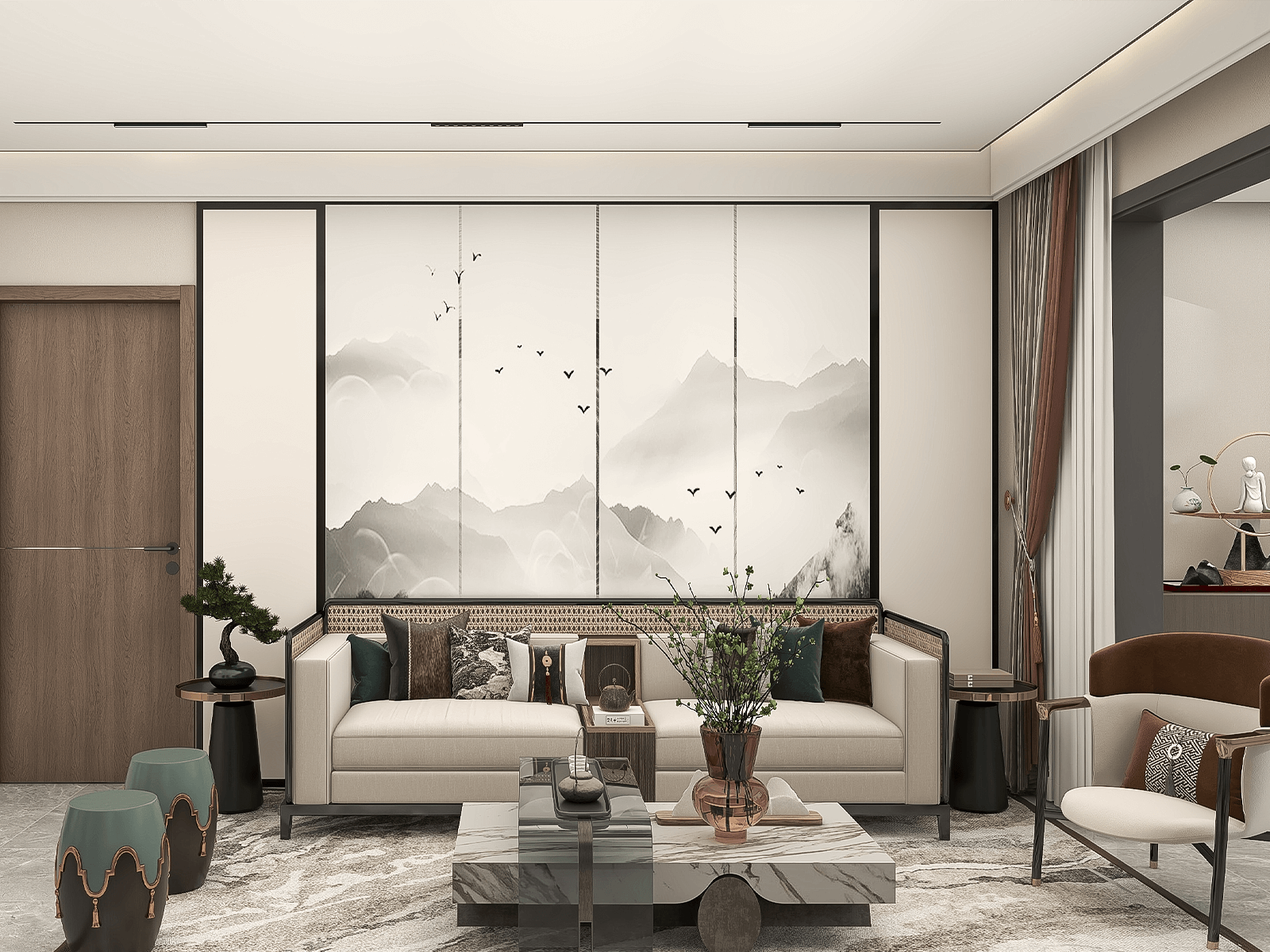 中国传统建筑领域里的对称有序，在这家的新中式客厅也体现得淋漓尽致。客厅背景墙为水墨山水，高脚宽的中式沙发、座椅都与背景元素相关。