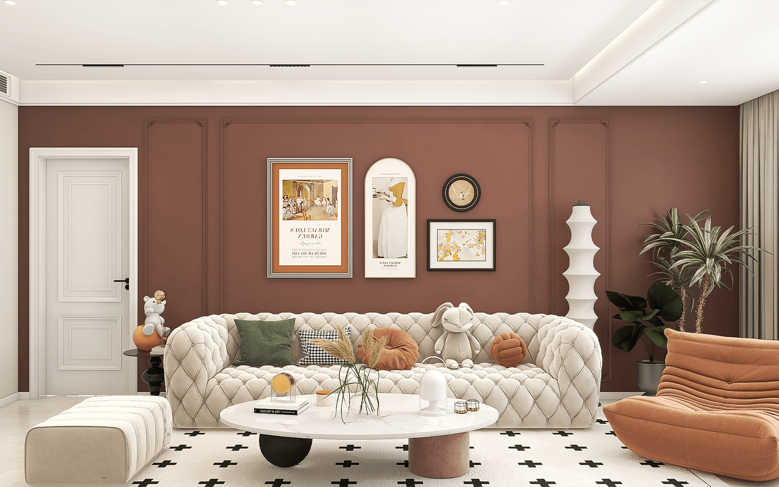 褐红色+优雅白，诠释了法式经典浪漫，搭配绿色抱枕，以及高款绿植，增添活力。