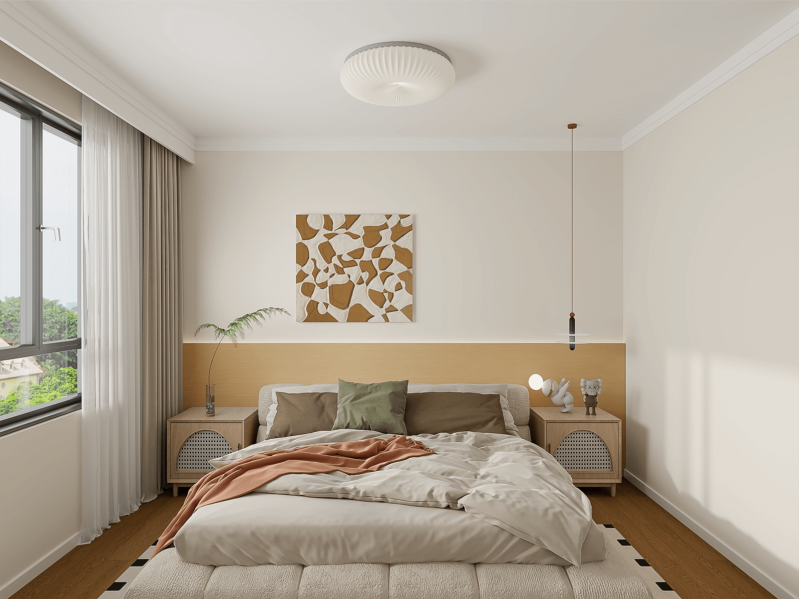 床头护墙板加装了灯带，不仅能方便屋主夜间照明，还通过光源层次分布，让室内更温暖，彰显“家的本色”。而且，床头护墙板还有隔音保温作用，让屋主能更好休息。