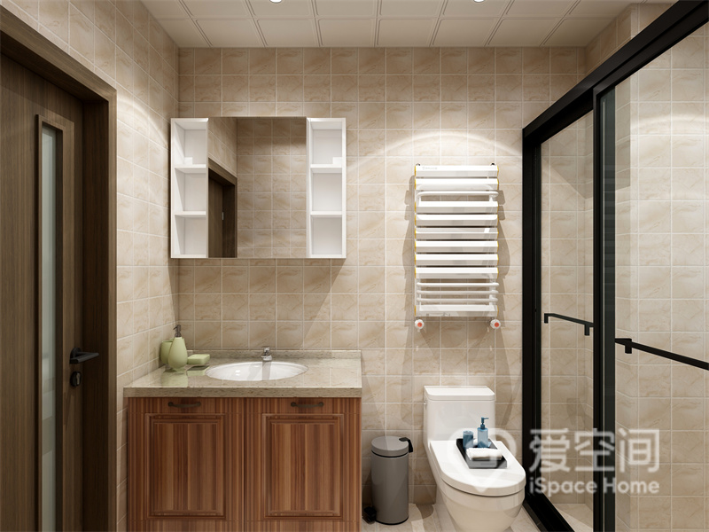 卫浴空间以米白色为主色调，浪漫而柔和，干湿分离营造了舒适的空间氛围，令日常生活变得更为高效。
