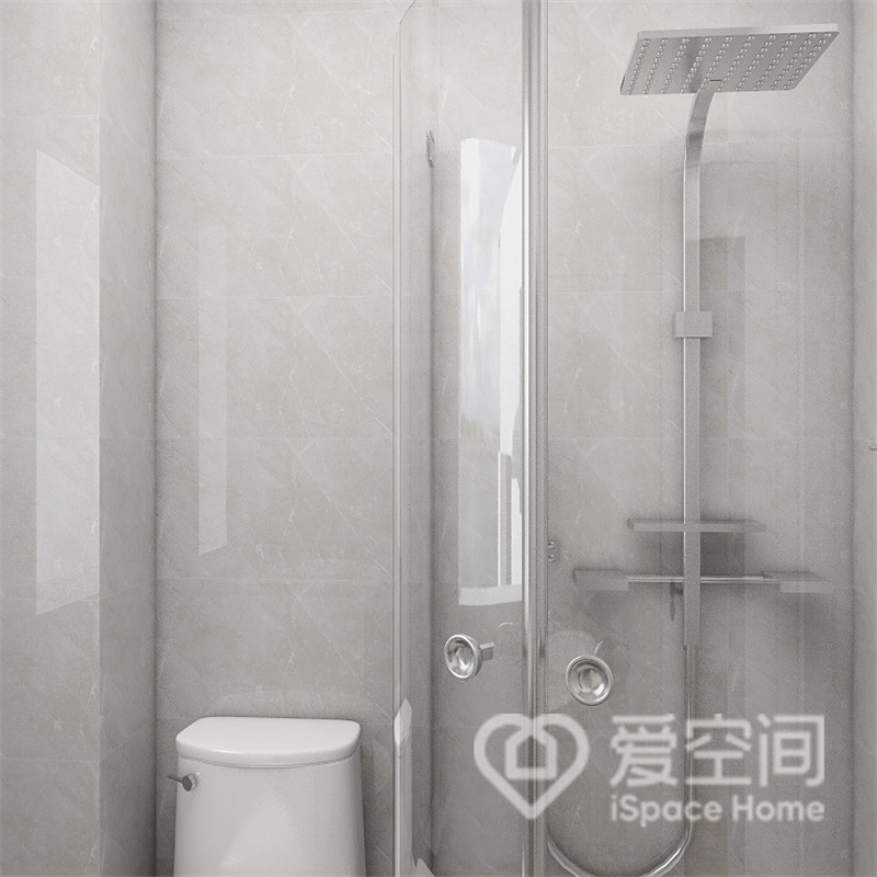 卫浴空间采用玻璃材质打造淋浴房，缓和了背景砖带来的沉冷感，白色洁具点缀其中，温实而雅致。