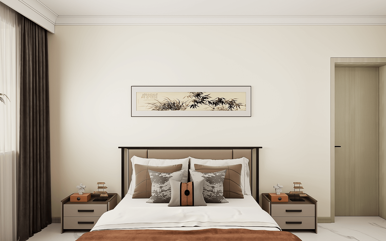 主卧的家居摆放遵循了中式的对称原则，床位于中间，两侧为床头柜。床头柜是抽屉款式，搭配背景墙的竹韵挂画，非常有韵味。