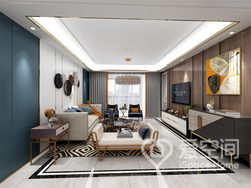 客厅以简约大方的硬装为基础，适当加入带有文艺气质的家具元素，塑造出轻松愉悦的生活氛围。