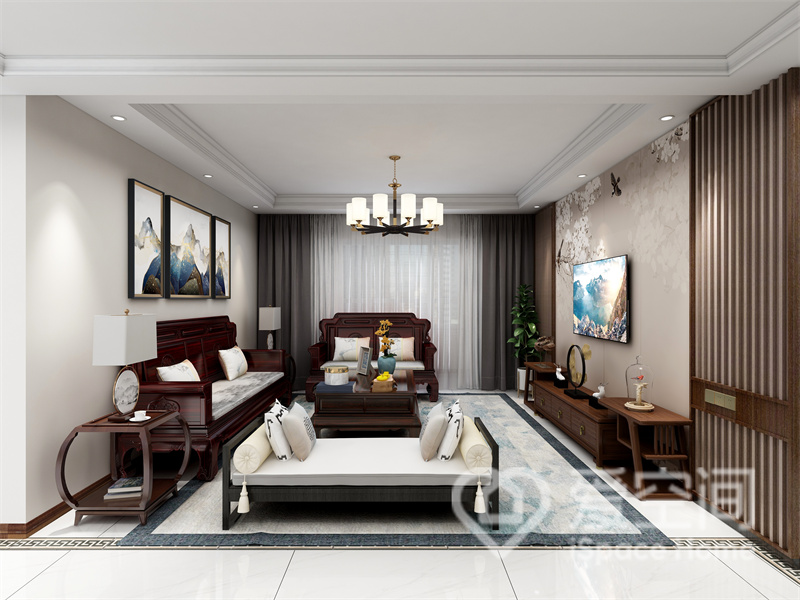 客厅简雅大气，深色系红木家具有着丰富的层次感，设计师对灯光的把控十分到位，塑造出柔和大气的客厅氛围。