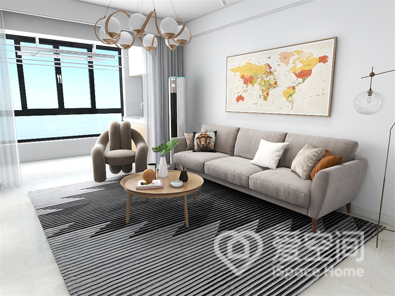 客厅背景与家具配色和谐统一，布艺沙发塑造出温馨舒适的空间环境，暖色调的装饰提亮了空间活力。