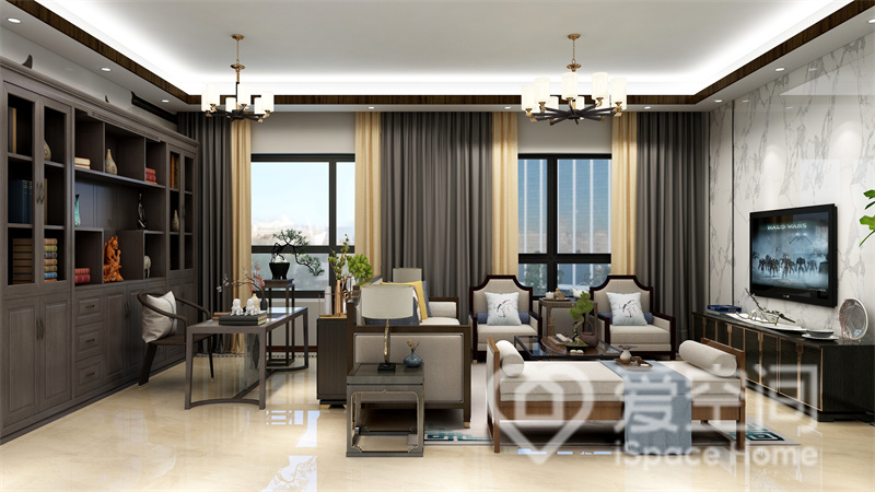 客厅空间宽敞明亮，设计师将中式元素延伸至各个角落，办公区域后置，提升了客厅的使用功能。