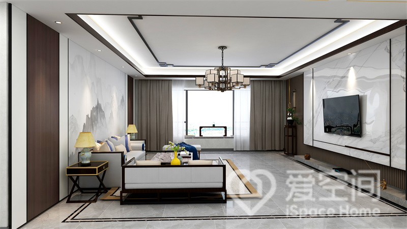 新中式客厅中，背景墙以温润的山水画贯穿其中，呈现出艺术美感和开阔性，新中式家具结构紧凑，优雅大气。