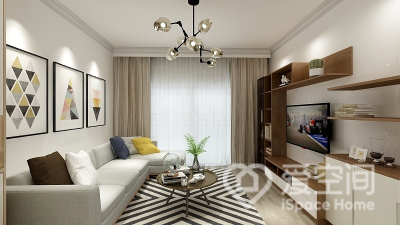 客厅设计简单大气，吊顶造型简约、沙发墙与电视墙以白色为底色，软装的融入呈现出温馨的氛围感。