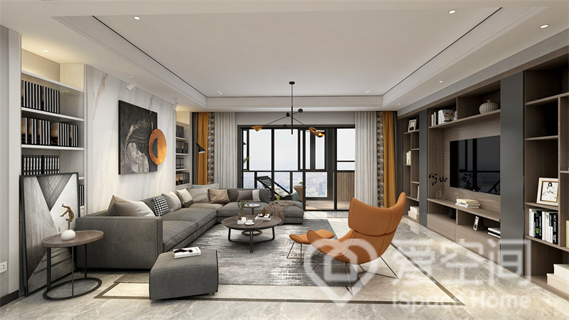 客厅吊顶设计十分低调，家具选用灰度为主色进行色彩搭配，焦糖色装饰点缀其中，精致不失活力。