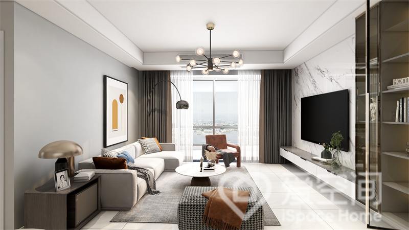 灰白色空间中，简雅的白色沙发彰显低调品质，电视墙整体感强，在大理石的点缀下空间大气时尚。