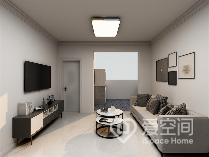 客厅背景颜色为浅米色，给人自然、温和的感受，室内家具简约，流露出温馨大气的现代气息。