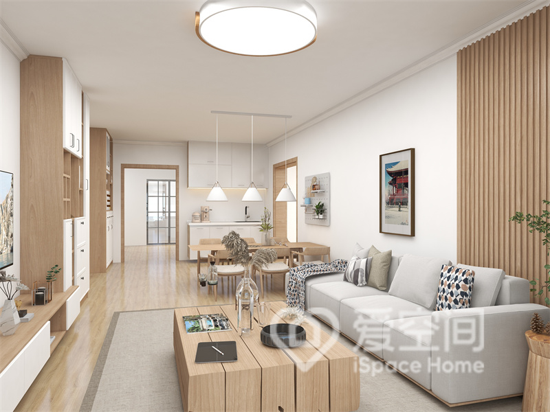 灰白色沙发搭配原木家具贴合简约风格的配色原则，客厅中，设计师将简约的理念贯彻始终，并发挥到极致。