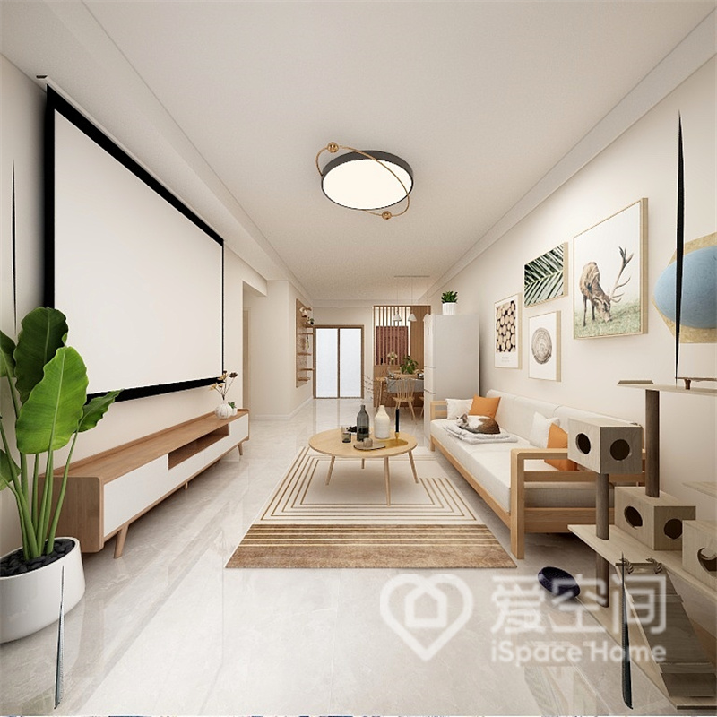 投影仪让客厅空间更加现代化，白色背景中搭配木质家具突出了层次美感，绿植的点缀令客厅充满活力。