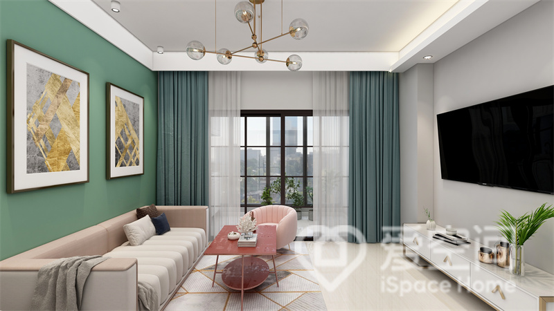 客厅背景选用潮流北欧绿，搭配粉白色沙发为空间平添了几分趣味，装饰画和灯具令空间情绪更加丰富。