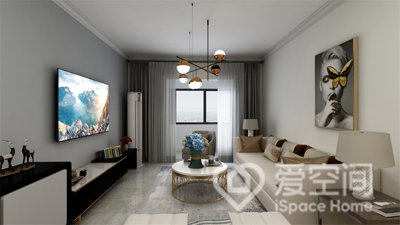 客厅干净而温柔，窗帘部分描绘出立面线条，看起来低调又奢华，沙发与电视地柜撞色设计，强化了空间的立体感。
