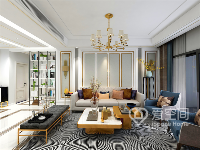 客厅背景富有设计感，北欧系列的家具添置其中空间多了一份艺术气息，整体温馨又有格调。