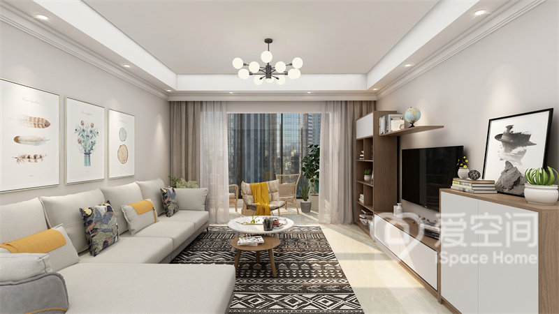 客厅采用白色系基调，白色布艺沙发很好的渲染出温馨文艺的生活氛围，墙面加入装饰画点缀，格外清新自然。