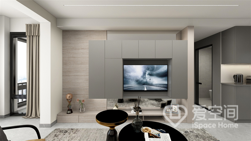 大面积落地窗令客厅光线充足，低饱和配色中，电视墙是带有设计感，展现出现代风格的魅力。