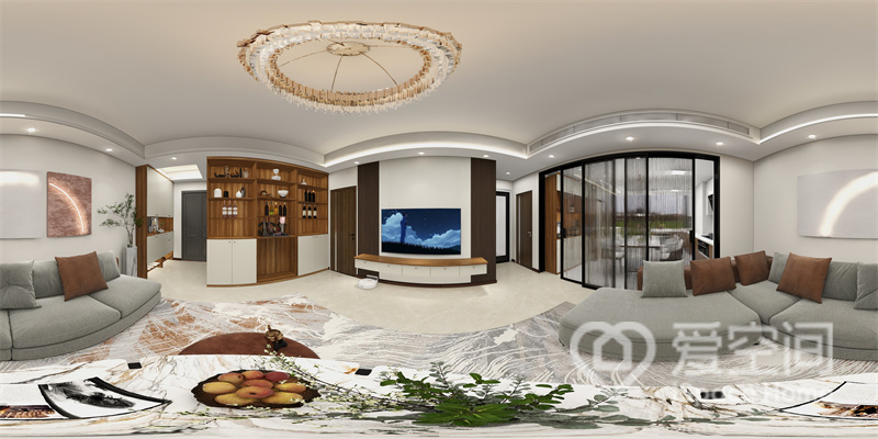 客厅设计展现出一种时尚，灰色调沙发沉稳有气质，电视墙简约有格调，构建出独特的视觉美感。