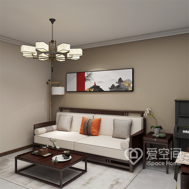 浅咖色带来简单舒适温暖的客厅氛围，红木家具清雅自如，装饰画简单装点，客温馨而素简。