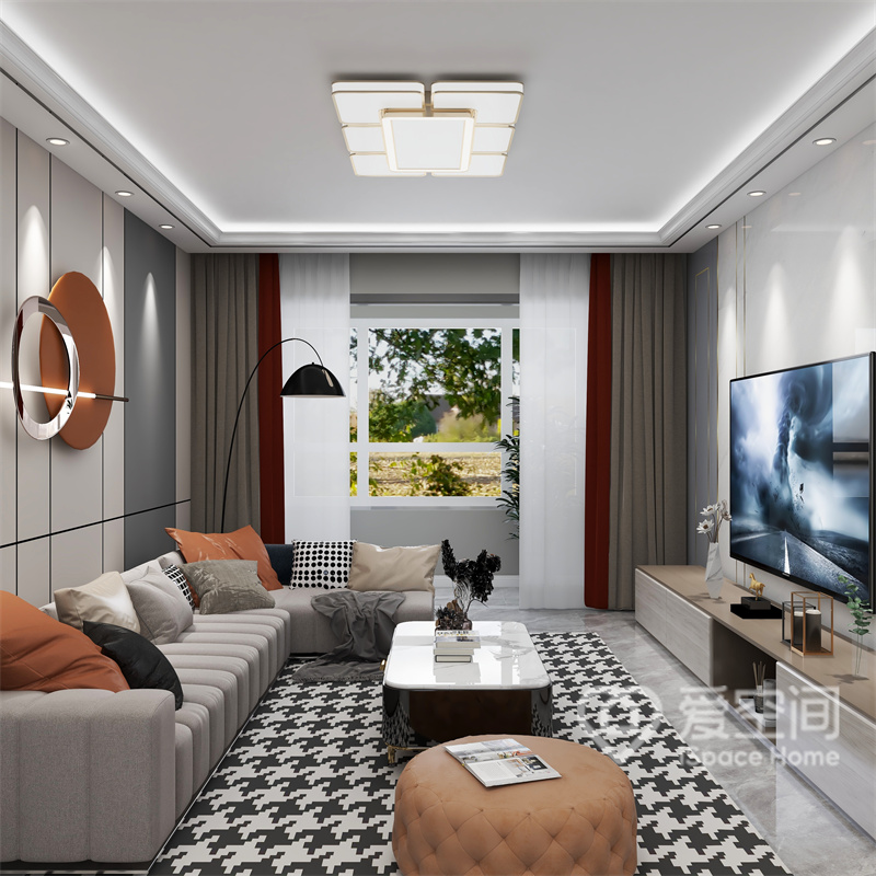 沙发墙的设计层次分明，搭配丝绒质轻奢沙发，将雅致的气质与客厅生活情景相融合，体现出业主的生活态度。