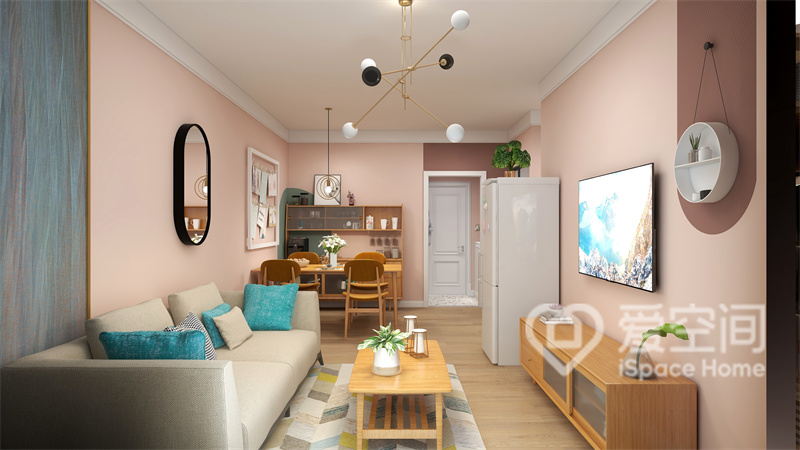 粉色调自带淡雅气质令客厅弥漫着北欧风情，家具纯粹本真，创造出舒适温馨的疗愈氛围。
