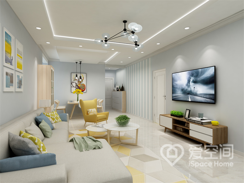 客厅采用现代主义风格，以蓝色为空间背景，配以灰色不易沙发及跳色软装点缀，空间带有优雅的韵味。