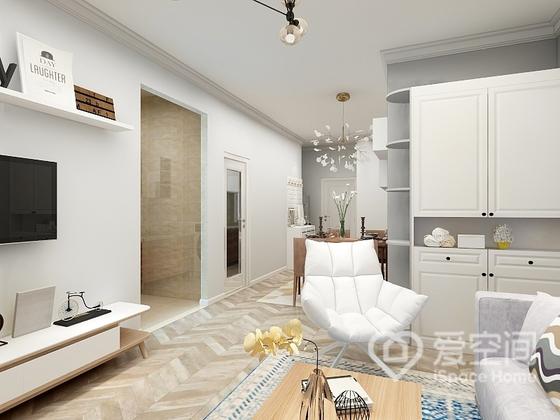 客厅以白色为主色调，配以有品位、有质感的简约家具，呈现出现代化和艺术化的居室氛围。