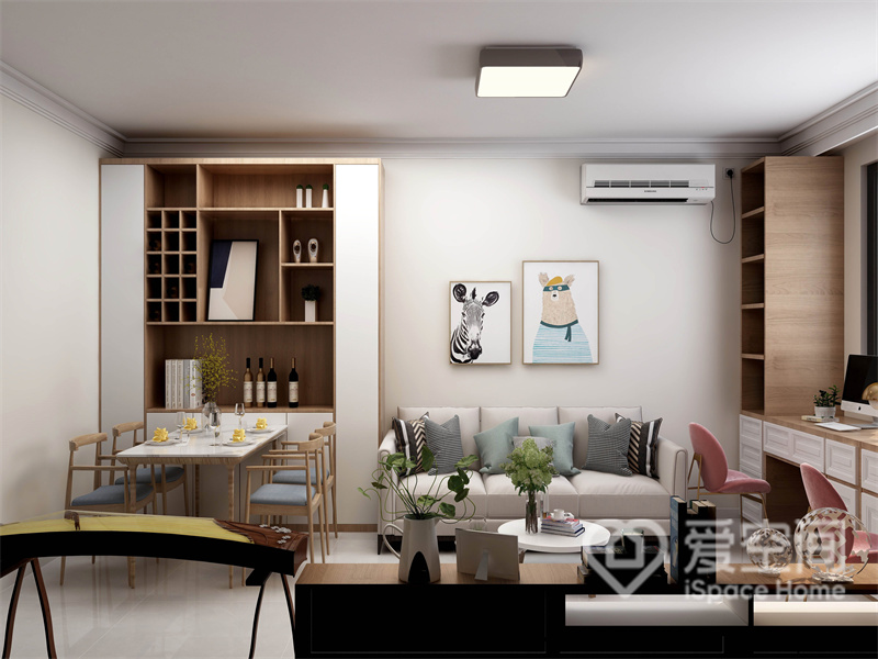 米白色背景中加入了简雅的现代家具，呈现出醉人的现代质感，临窗位置增加了休息区，提高可了空间的使用率。