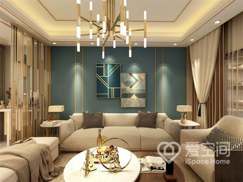 客厅家具的细节处理尤为精致，立体感倍显，沙发背景色泽沉稳，与主色形成对比，装饰画线条感强。