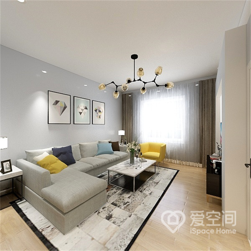客厅中，设计师选用白色与浅蓝色作为空间主色调，简约而不失质感，配以布艺沙发，上演出素雅温馨的居家生活。