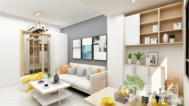 白色布艺沙发搭配灰橘色抱枕，精致而统一，背景墙富有设计感，让客厅变得更加明亮开阔。