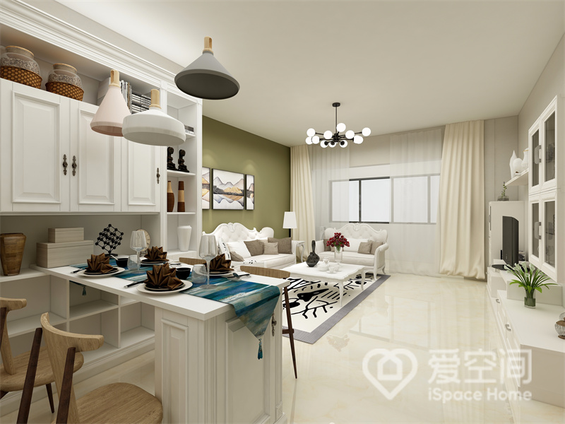客厅的设计并不繁杂，餐厅与客厅衔接后令空间更加干净简约，白色家具显露出现代风格的高雅质感。