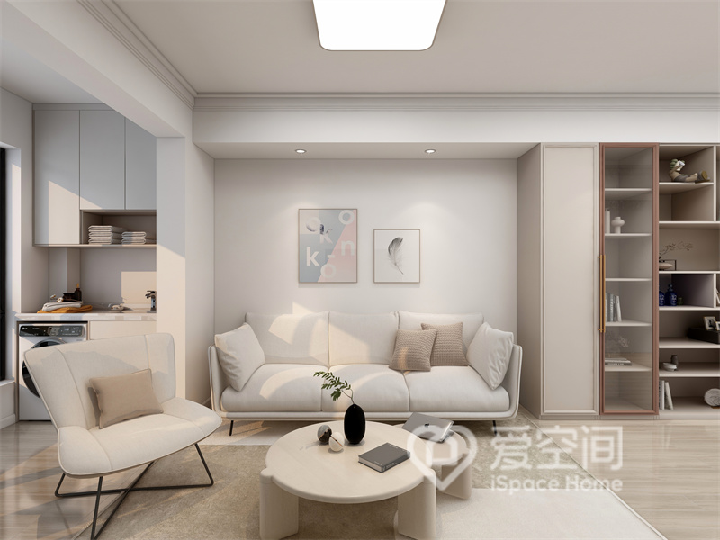 客厅结构非常简单，设计师将白、原木、浅米三大浅色融合在一起，呈现出质感温馨的生活空间。