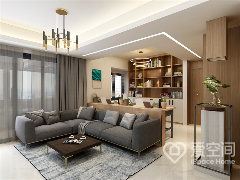 客厅清新舒适，设计师运用浅色系为背景，扩大了空间视觉感，沙发后置办公空间，整体美观舒适。