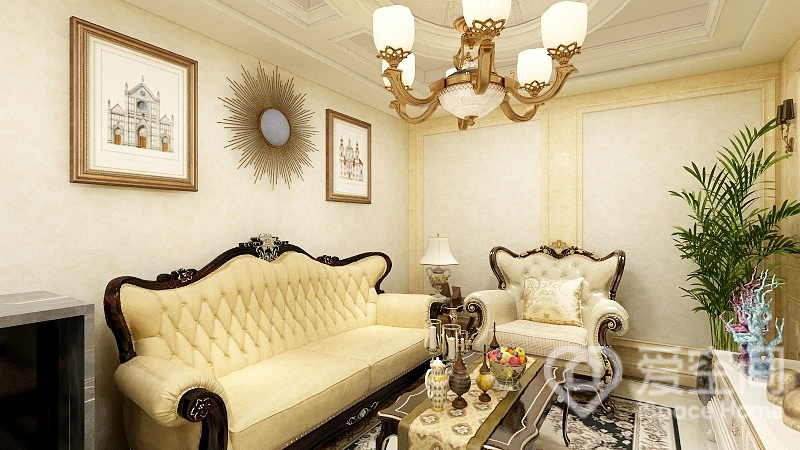 香槟色墙面与家具配色和谐统一，简欧沙发充满古典雅韵，背景墙装饰对称布局，增加了庄严感。