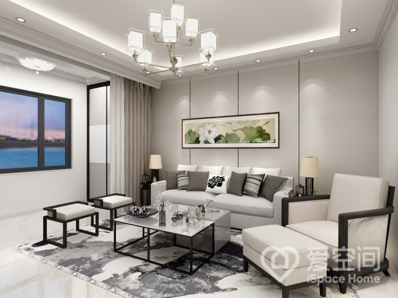 客厅使用了米色为主题色系，背景装饰成为客厅里的亮点，新中式家具格外整洁素雅，给人以美的享受。